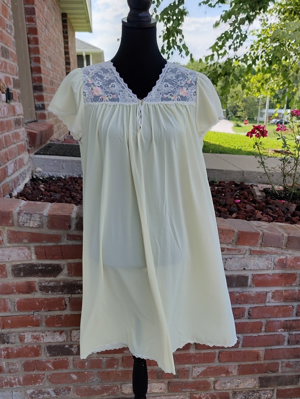 Vintage Shadow Line Lacey Floral Midi Nightgown Dress Yellow Size M 80s Romantic